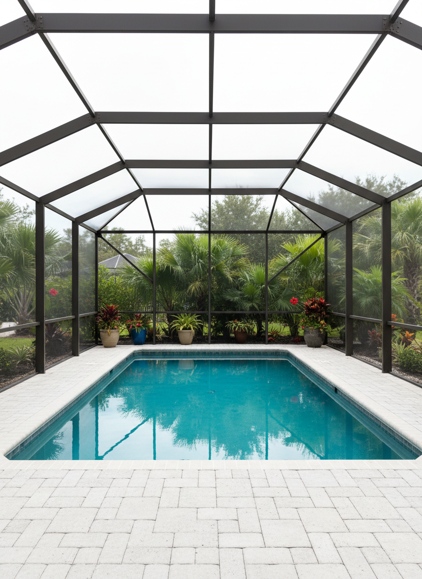 An immaculate Florida inground pool surrounded by a framed aluminum screen enclosure, with fine mesh panels stretching from deck to ceiling, eliminating any visible insects or debris. The pool water appears a vivid, clean blue, reflecting the geometric grid of the dark bronze enclosure above. Light-colored textured pavers extend to the enclosure edges, and planters with tropical foliage sit just beyond the screen, slightly blurred in the background. Bright but diffused daylight filters through the screened roof, creating soft, even lighting with minimal harsh shadows. Shot from an eye-level angle with photographic realism, the composition emphasizes the seamless integration of pool, deck, and enclosure. The mood is secure, clean, and practical, highlighting the benefits of screened lanais for Florida homeowners.