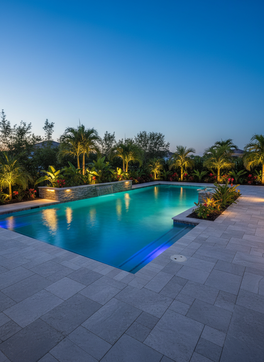 A sparkling inground pool at dusk in a Florida backyard, featuring subtle LED perimeter lighting that glows soft aqua and cobalt beneath the waterline. The water surface is gently rippled, reflecting the deep blue twilight sky and the warm amber light from concealed fixtures along the low perimeter wall. Non-slip porcelain pavers in a cool gray tone frame the pool, accented by well-groomed tropical plants in raised beds with dark mulch. Photographic realism with a slightly elevated, wide-angle composition showcases both the pool and the surrounding deck. The mood is serene and upscale, emphasizing thoughtful lighting design and nighttime safety while maintaining a professional, polished aesthetic.