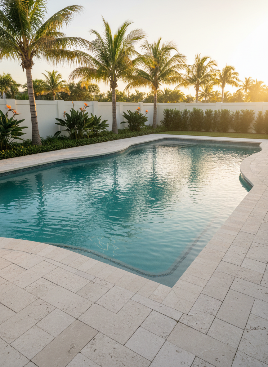 A luxurious, crystal-clear inground pool with a soft turquoise hue stretches across a modern Florida backyard, framed by pale travertine pavers with subtle marbling and a low white stucco privacy wall. Lush tropical landscaping with mature palms, bird-of-paradise, and neatly trimmed hedges surrounds the water’s edge. Late afternoon golden sunlight reflects on the calm surface, creating gentle ripples and bright highlights along the pool’s curved coping. Captured at eye level with photographic realism and sharp focus, the composition follows the rule of thirds, showcasing both the inviting water and the thoughtfully designed outdoor space. The mood is calm, professional, and aspirational, emphasizing a perfectly executed backyard retreat for Florida homeowners.