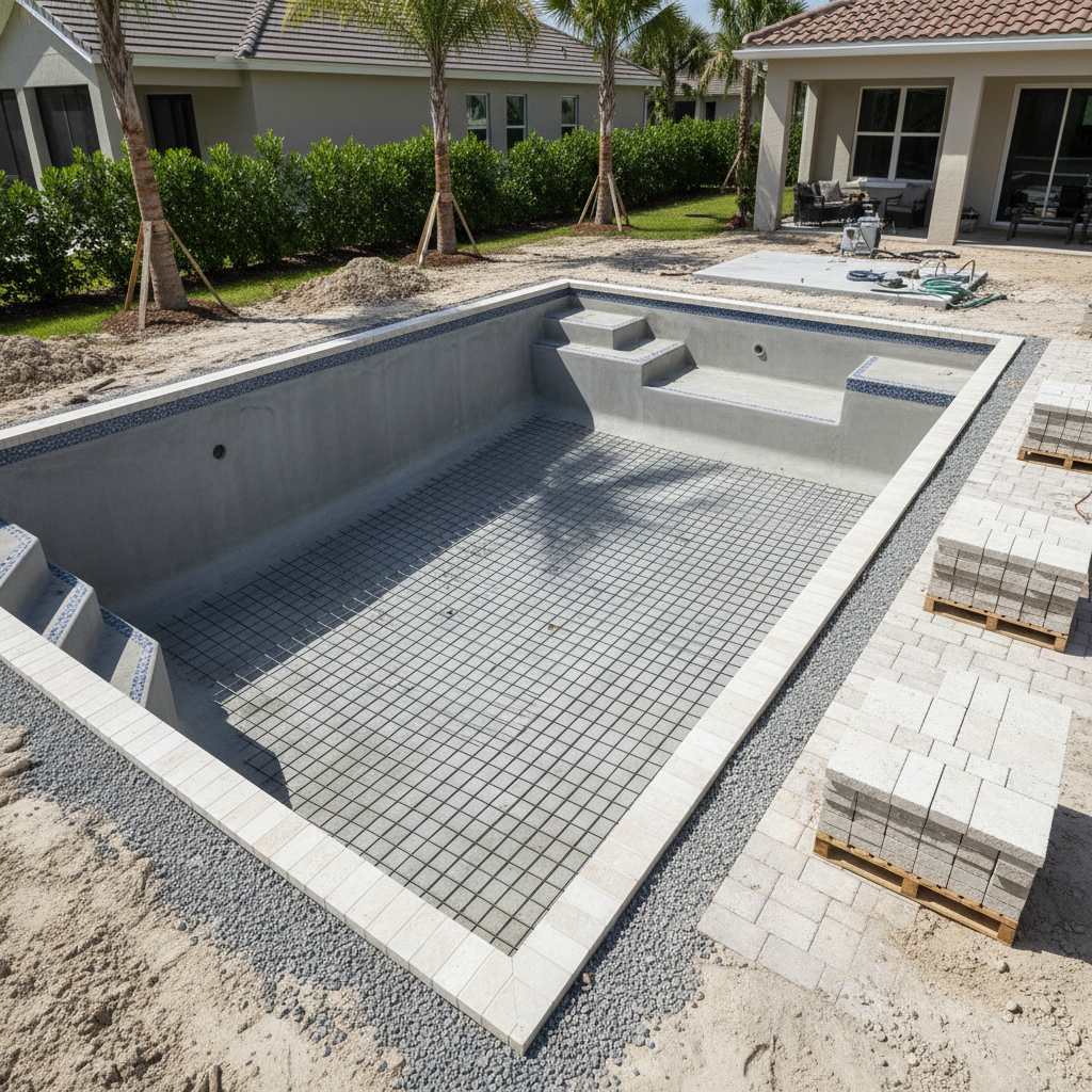 A pristine new inground pool under construction in a Florida backyard, showing a clean, reinforced concrete shell with visible rebar grid and smooth troweled surfaces. Fresh sandy soil and compacted gravel surround the excavation, with neatly stacked pavers and coping stones organized along one side. Bright midday Florida sunlight casts crisp shadows across the unfinished structure, highlighting the precise geometry of the deep end, shallow steps, and sun shelf. Photographic realism from a slightly elevated angle reveals the entire work zone, including a tidy equipment pad area ready for installation. The atmosphere is orderly, professional, and informative, capturing the technical details of the build process while maintaining a clean, modern visual style suitable for an educational blog.