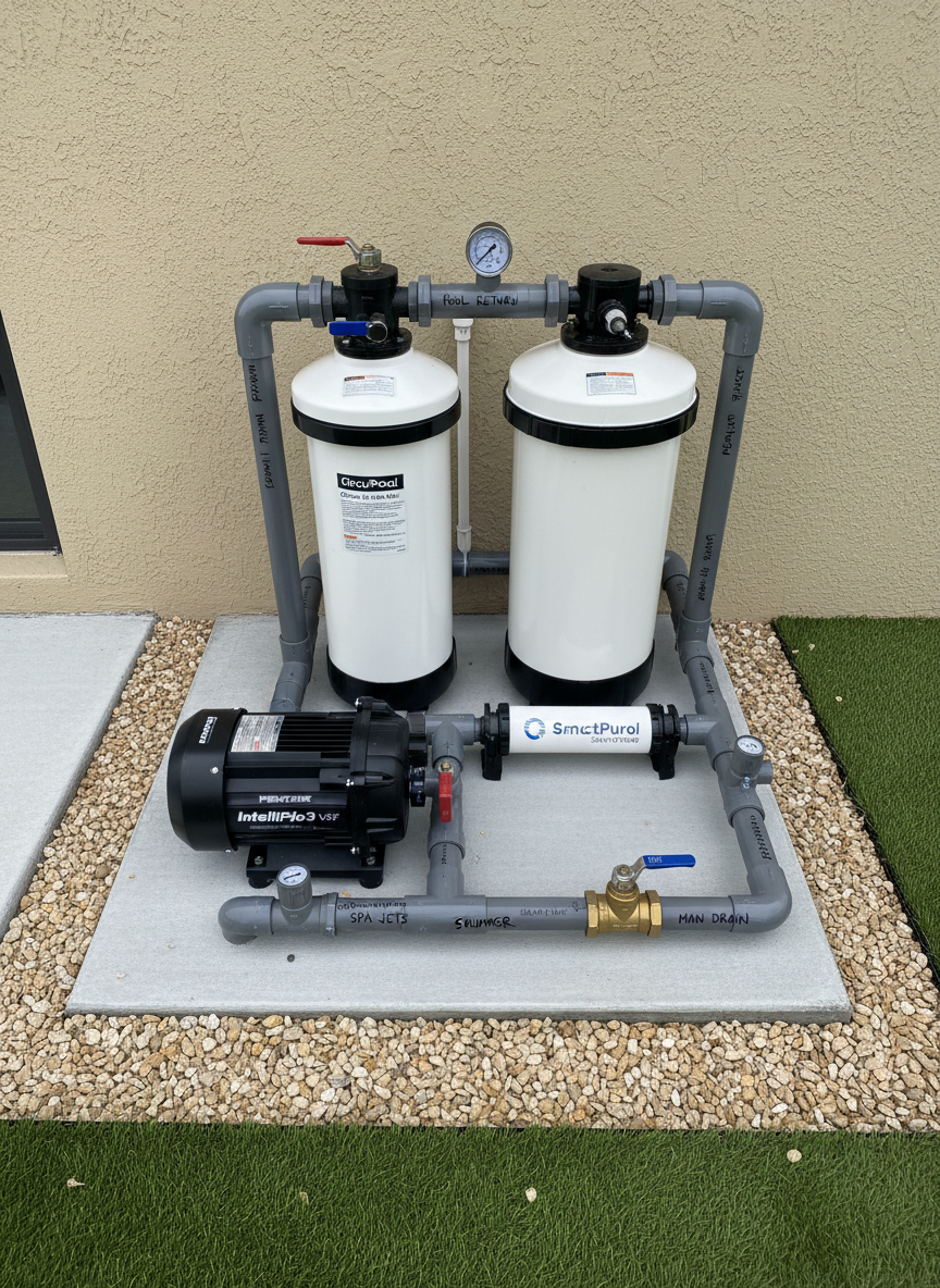 A close-up, overhead view of a Florida inground pool’s equipment pad, featuring a neatly arranged high-efficiency variable-speed pump, cartridge filter with clean labels, saltwater chlorine generator cell, and clearly labeled PVC plumbing with precise, solvent-welded joints. The equipment rests on a smooth concrete pad beside a tan stucco exterior wall, with tidy gravel and a narrow strip of artificial turf bordering the area. Soft overcast daylight creates even, shadow-free illumination, allowing every valve handle, pressure gauge, and union fitting to be seen in crisp photographic detail. The composition is centered and technical, with sharp focus throughout, conveying a professional, organized, and trustworthy atmosphere ideal for explaining proper pool equipment layout and maintenance.